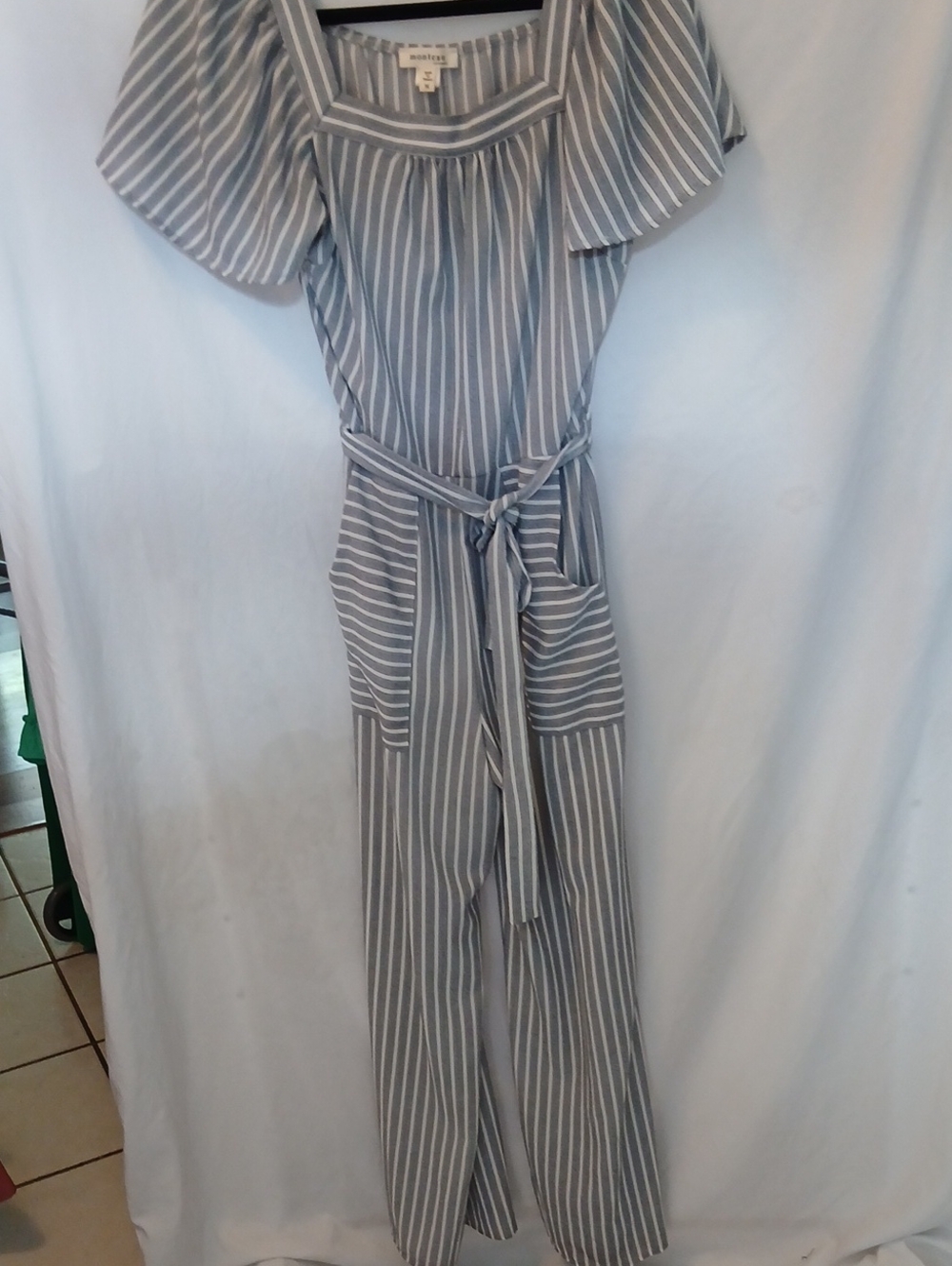 Monteau Gray and White Striped Off-Shoulder Jumpsuit